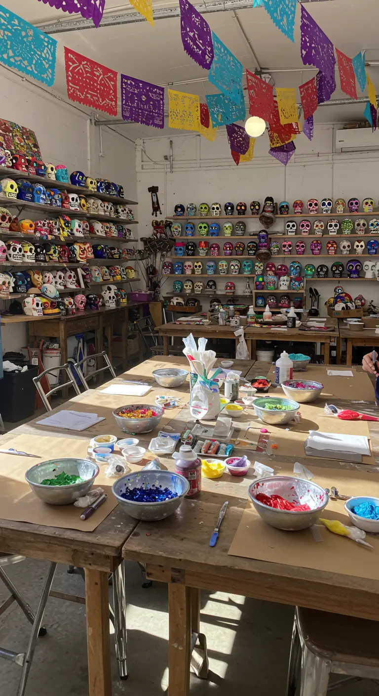 Taller de manualidades con mesas preparadas para pintar calaveritas de azúcar.