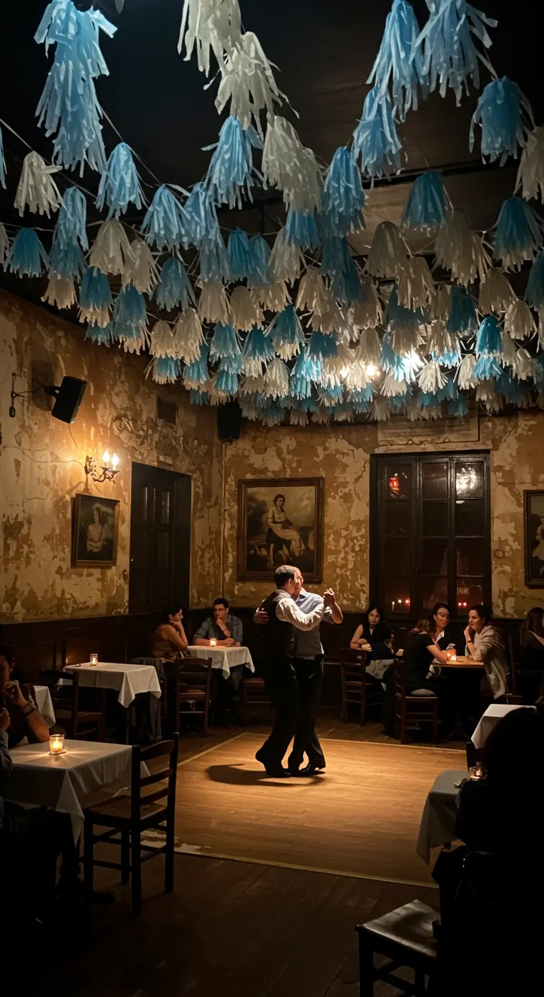 Salón de tango con poca luz y un techo completamente cubierto de borlas de papel celestes y blancas.