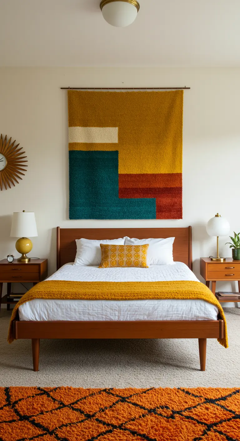 Tapiz tejido de lana con un diseño de bloques de color en tonos cálidos sobre una cama mid-century.