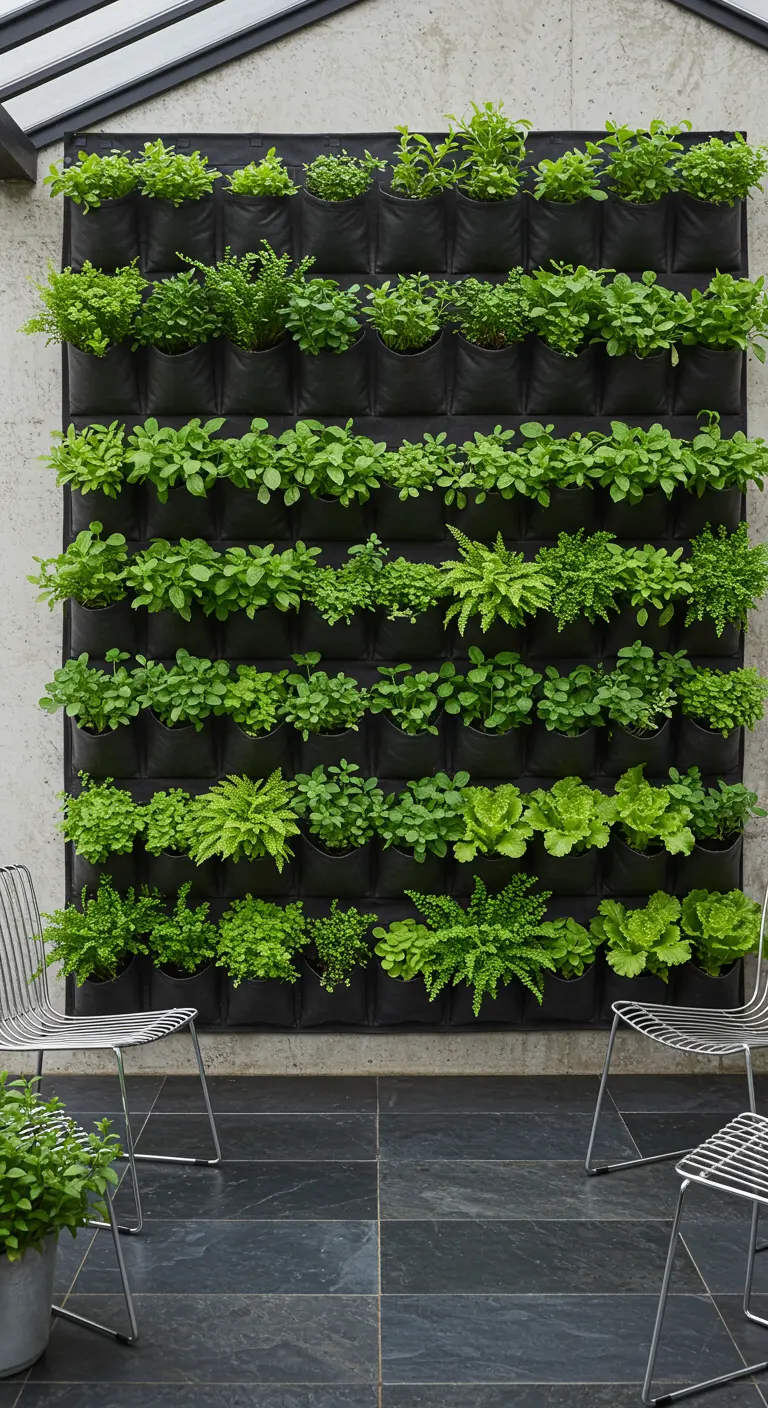Gran jardín vertical de fieltro negro con bolsillos llenos de lechugas y hierbas.