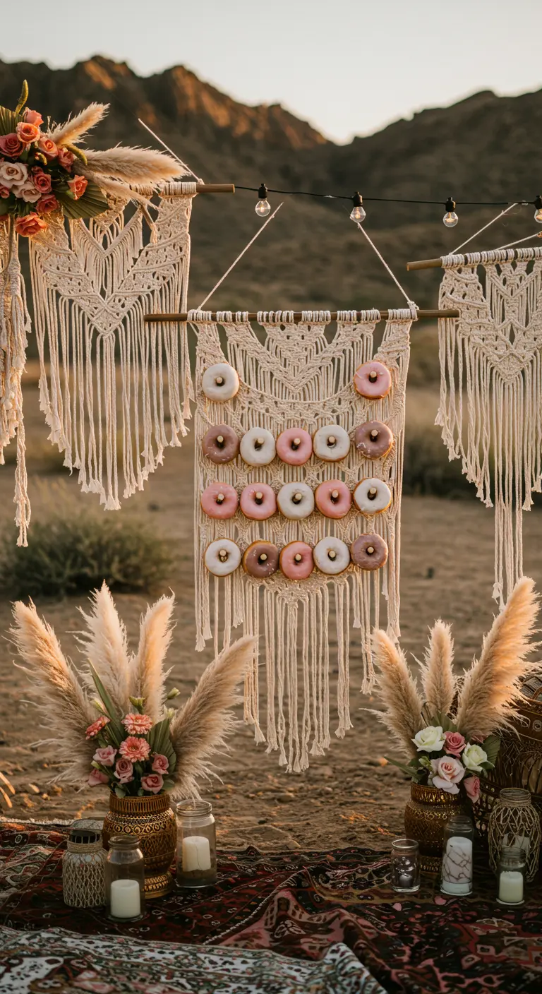 Donuts colgados en un tapiz de macramé en un entorno desértico de estilo boho.