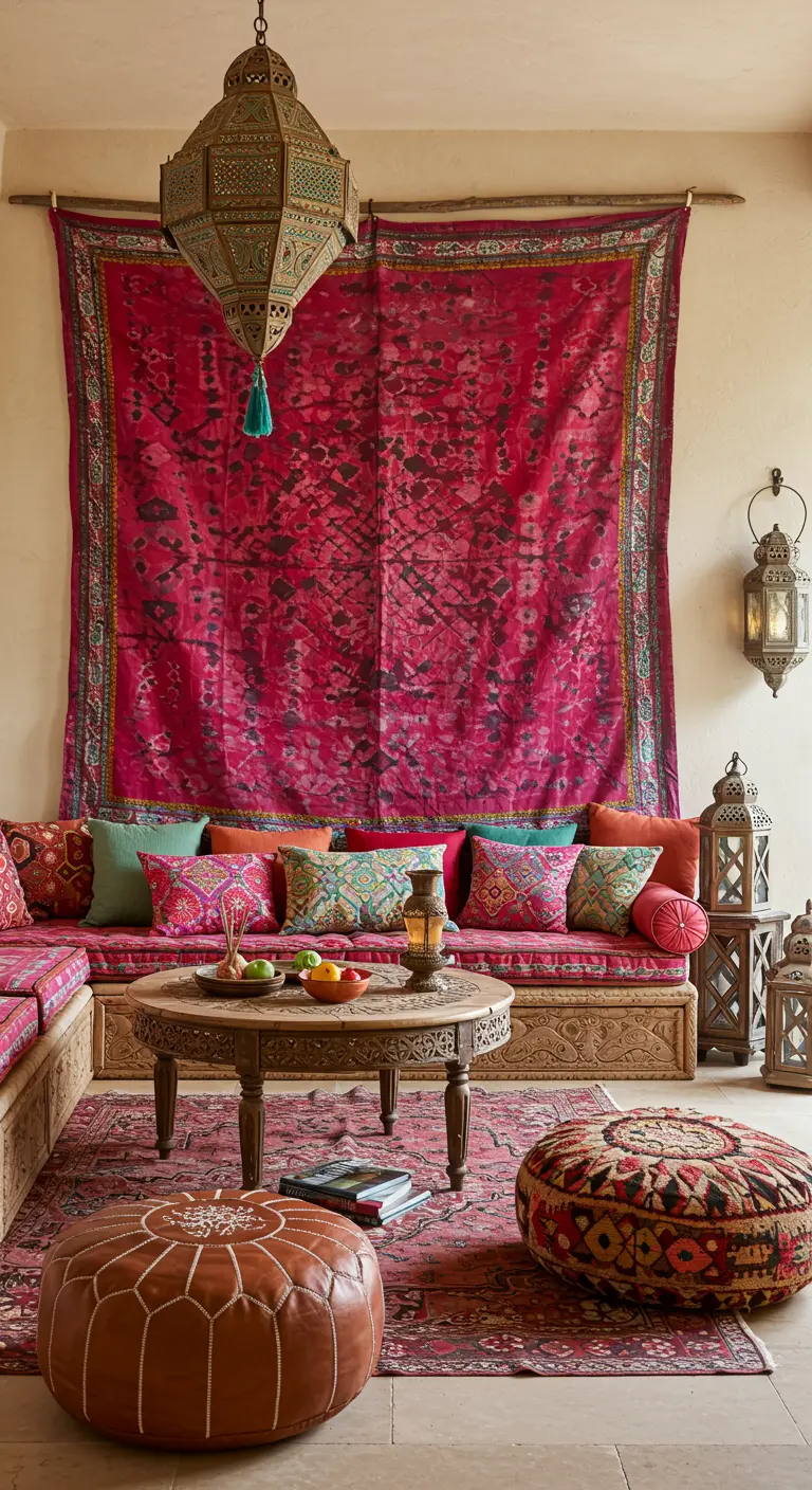 Gran tapiz rosa y rojo con patrones exóticos colgado en una pared de un salón de estilo marroquí.