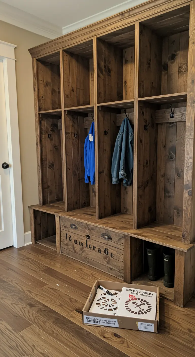 Mueble de entrada tipo taquilla, construido con madera teñida de oscuro y con ganchos para abrigos.