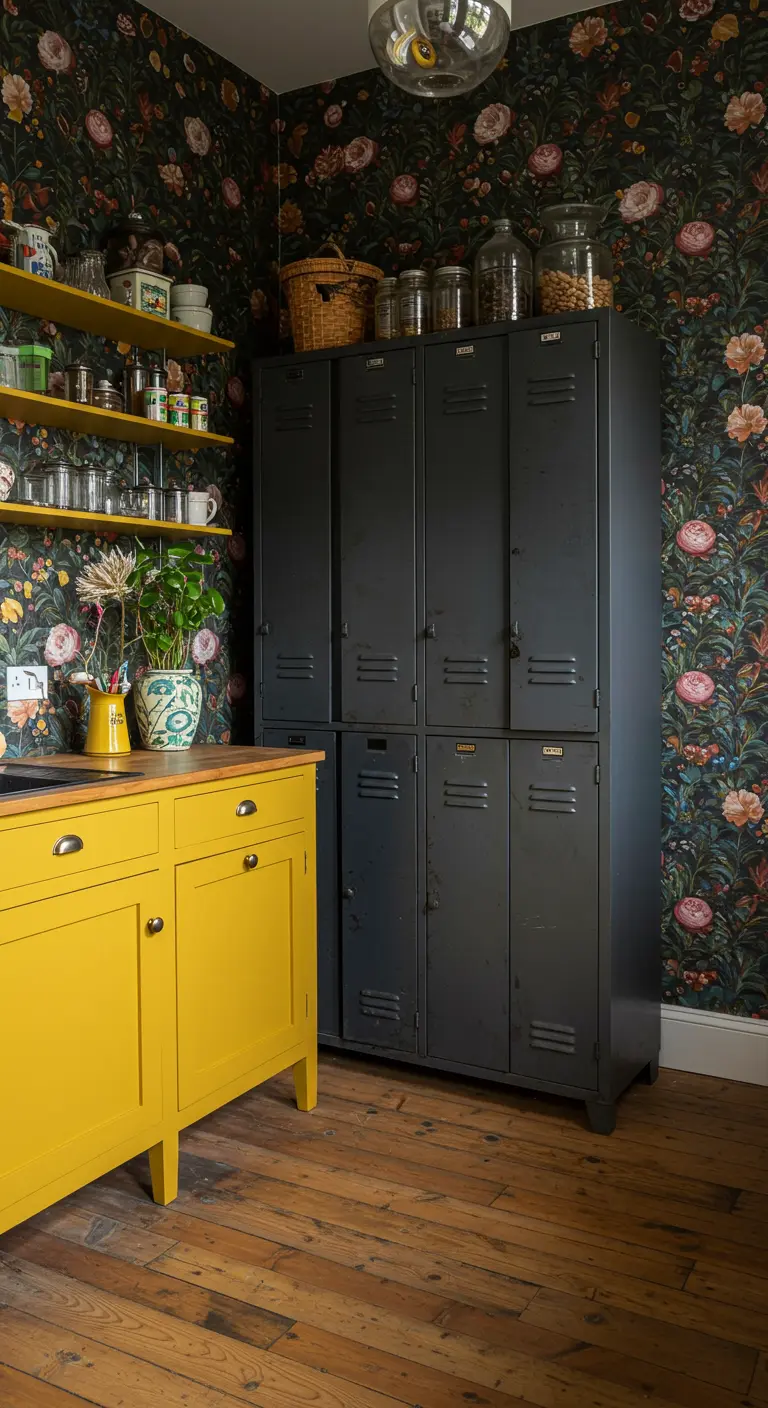 Cocina con gabinetes mostaza, taquillas metálicas negras y pared con papel pintado de flores.
