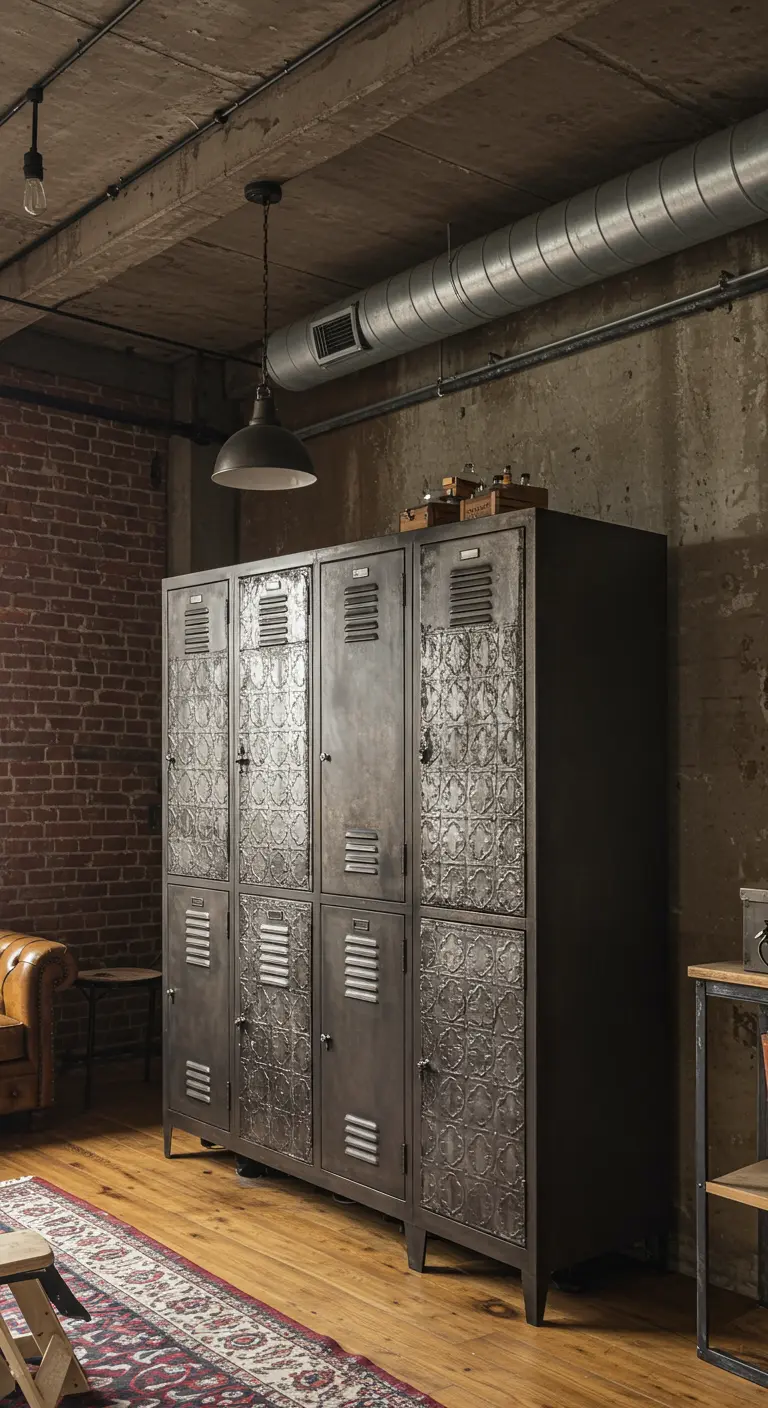 Taquillas metálicas de estilo industrial con los paneles de las puertas decorados con papel texturizado que imita estaño repujado.