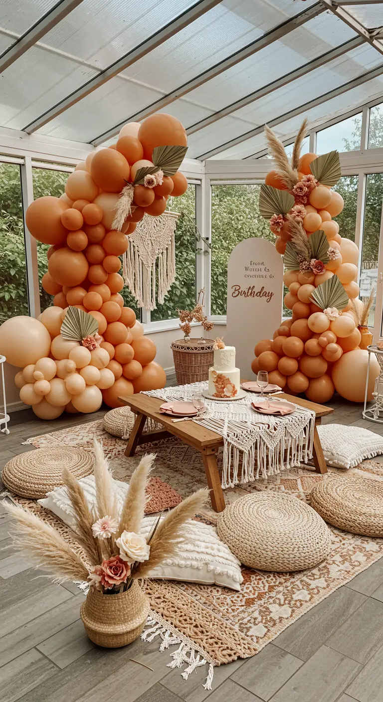 Decoración de fiesta bohemia con globos en tonos terracota, pampas y mesa baja.