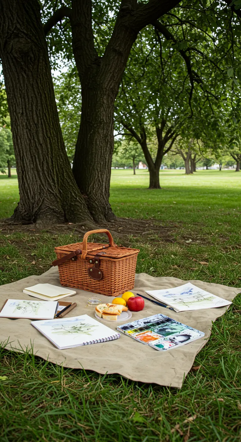 Picnic creativo con materiales de pintura, cuadernos y comida bajo un árbol.