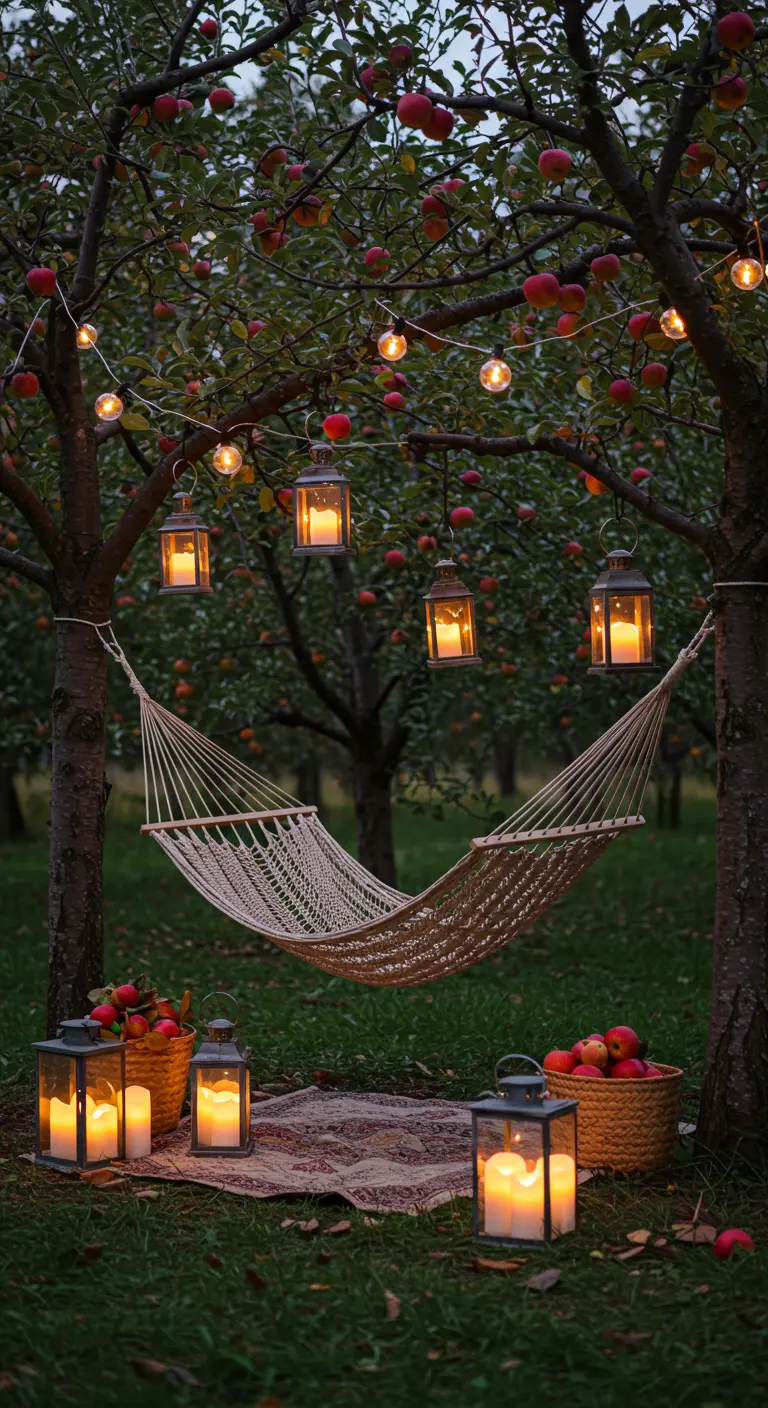 Hamaca de red en un huerto de manzanos con faroles y cestas de manzanas.