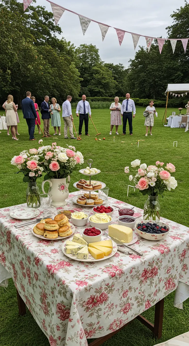 Mesa de quesos y scones en un jardín, con gente jugando al croquet al fondo.