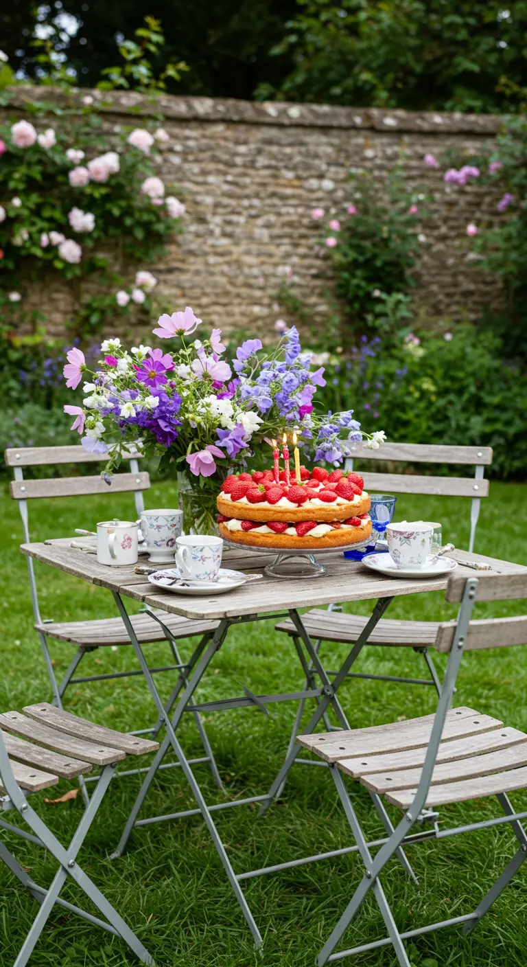 Tarta de fresas con velas en una mesa de jardín junto a un jarrón de flores silvestres.