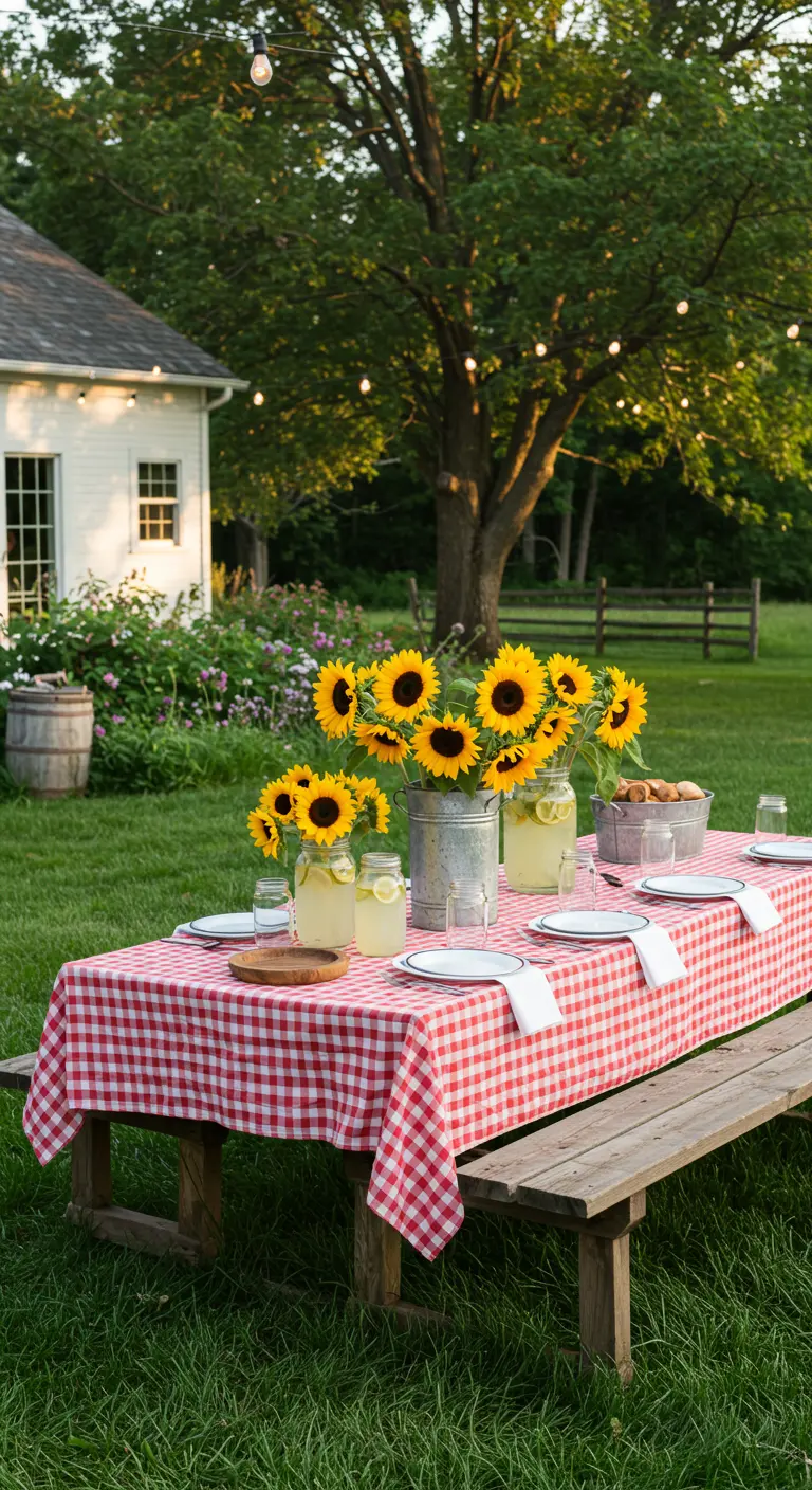 Mesa de picnic en el campo con mantel de cuadros rojos y jarrones de girasoles.
