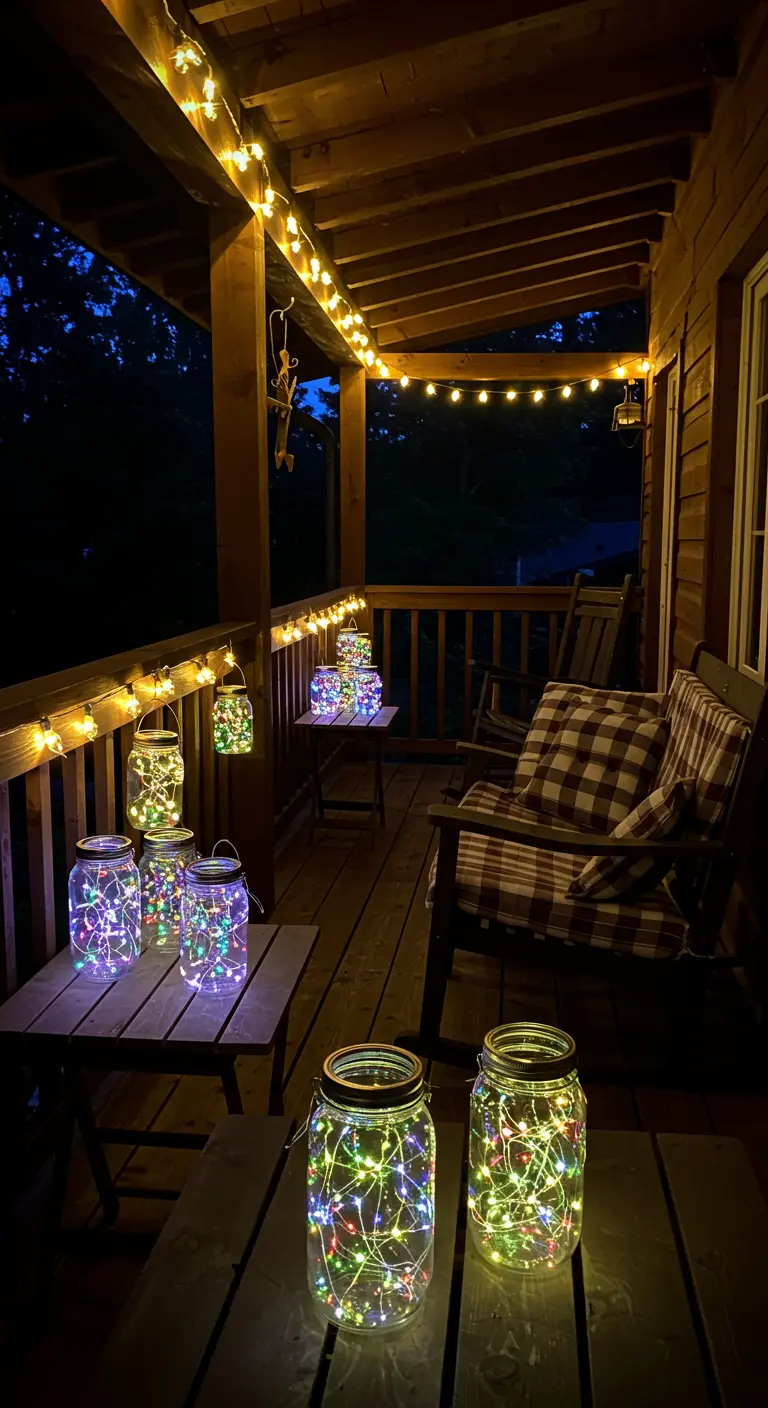 Porche de madera rústico decorado con tarros de cristal llenos de luces LED de colores