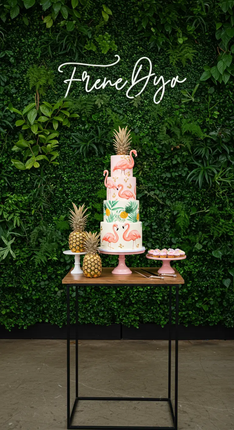 Tarta de cumpleaños de varios pisos con flamencos frente a un muro de plantas verdes.