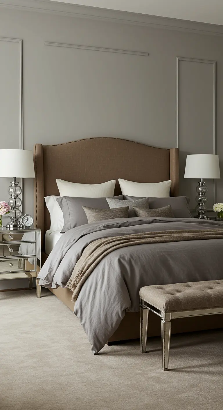 Dormitorio elegante con cabecero tapizado en taupé, ropa de cama gris y mesitas de noche de espejo.