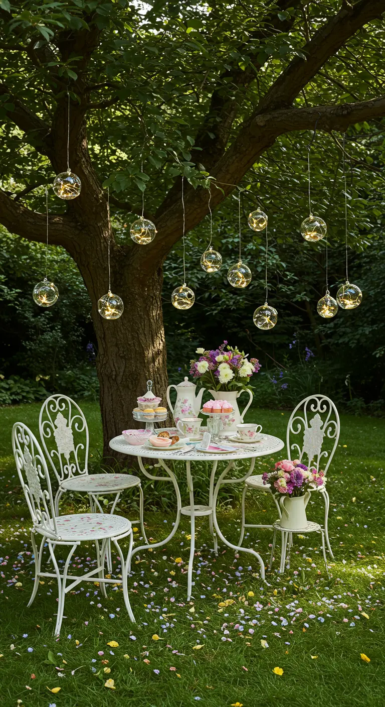 Merienda en el jardín con luces de orbe de cristal colgando de un árbol y pétalos en el suelo.