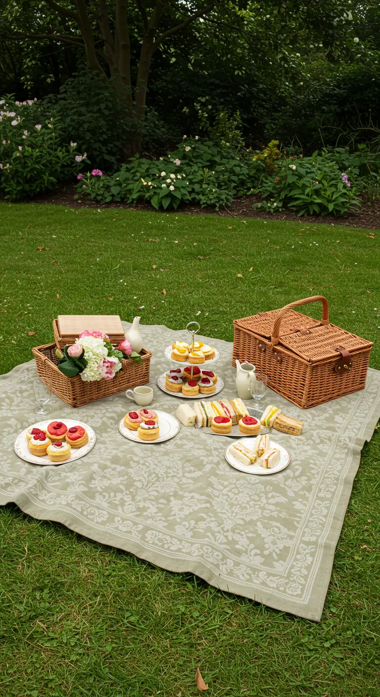 Elegante picnic de té con un surtido de pasteles, sándwiches y flores.