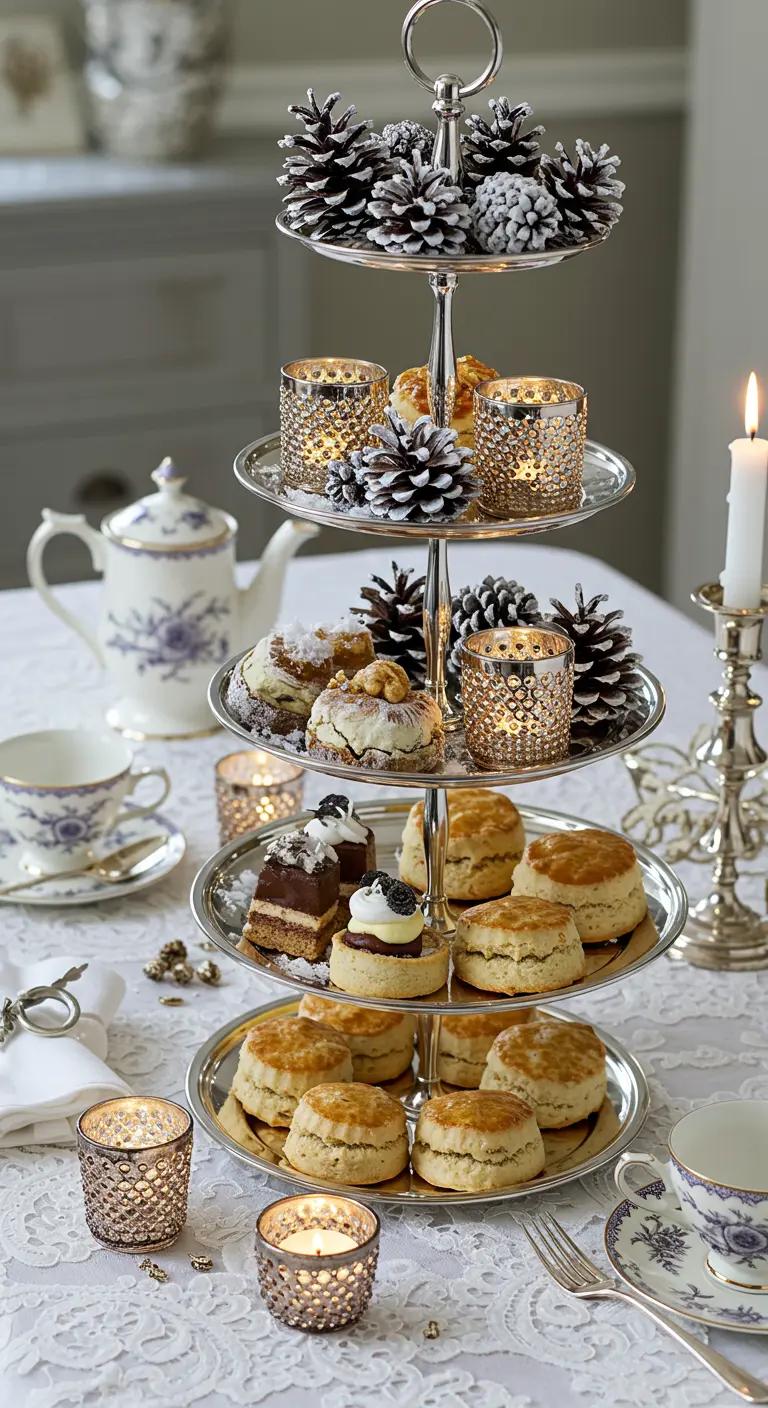 Soporte de tartas de varios pisos decorado con pasteles, piñas nevadas y velas.