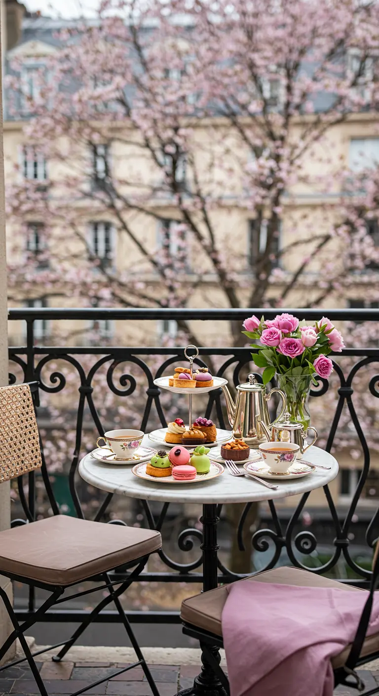 Mesa de té para dos en un balcón parisino con vistas a un cerezo en flor.