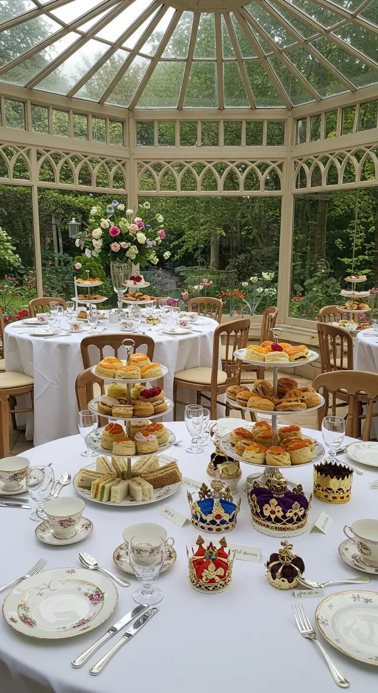 Mesas redondas para una fiesta de té en un invernadero con coronas de joyas.