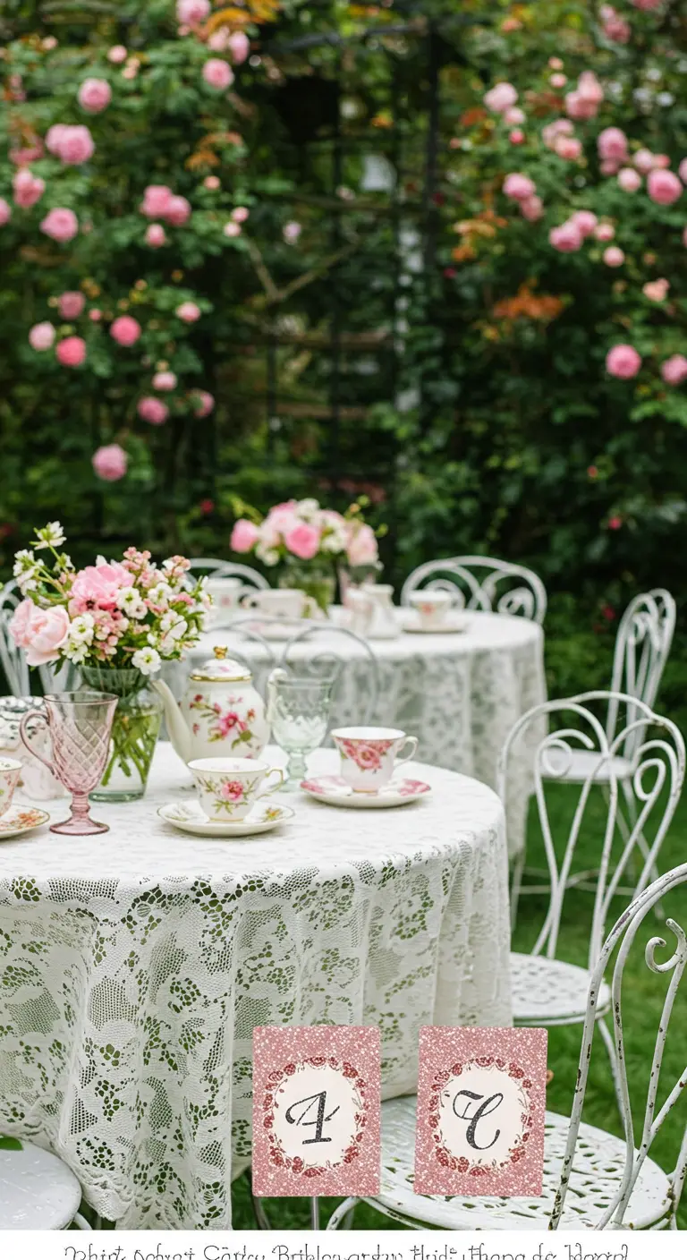 Mesa de té en un jardín con números de mesa de glitter rosa enmarcados y tazas de porcelana.