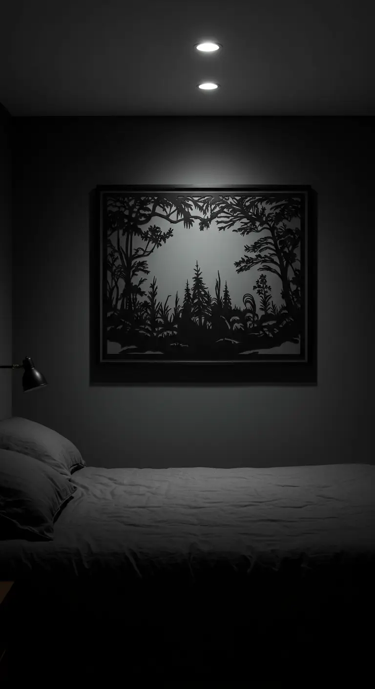 Cuadro de papel calado con una escena de bosque, iluminado sutilmente en un dormitorio oscuro.