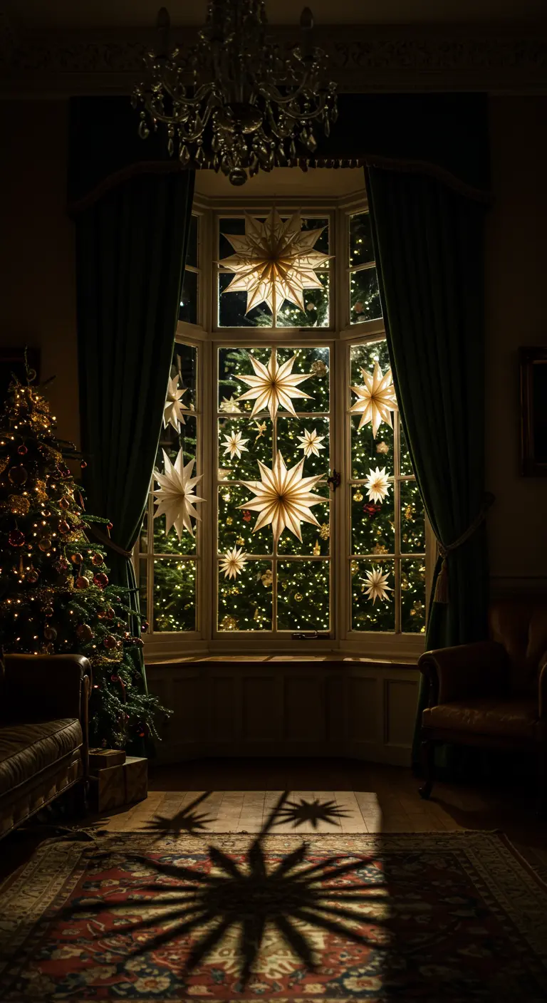 Estrellas de papel iluminadas en un ventanal por la noche, proyectando sombras dramáticas en el suelo.
