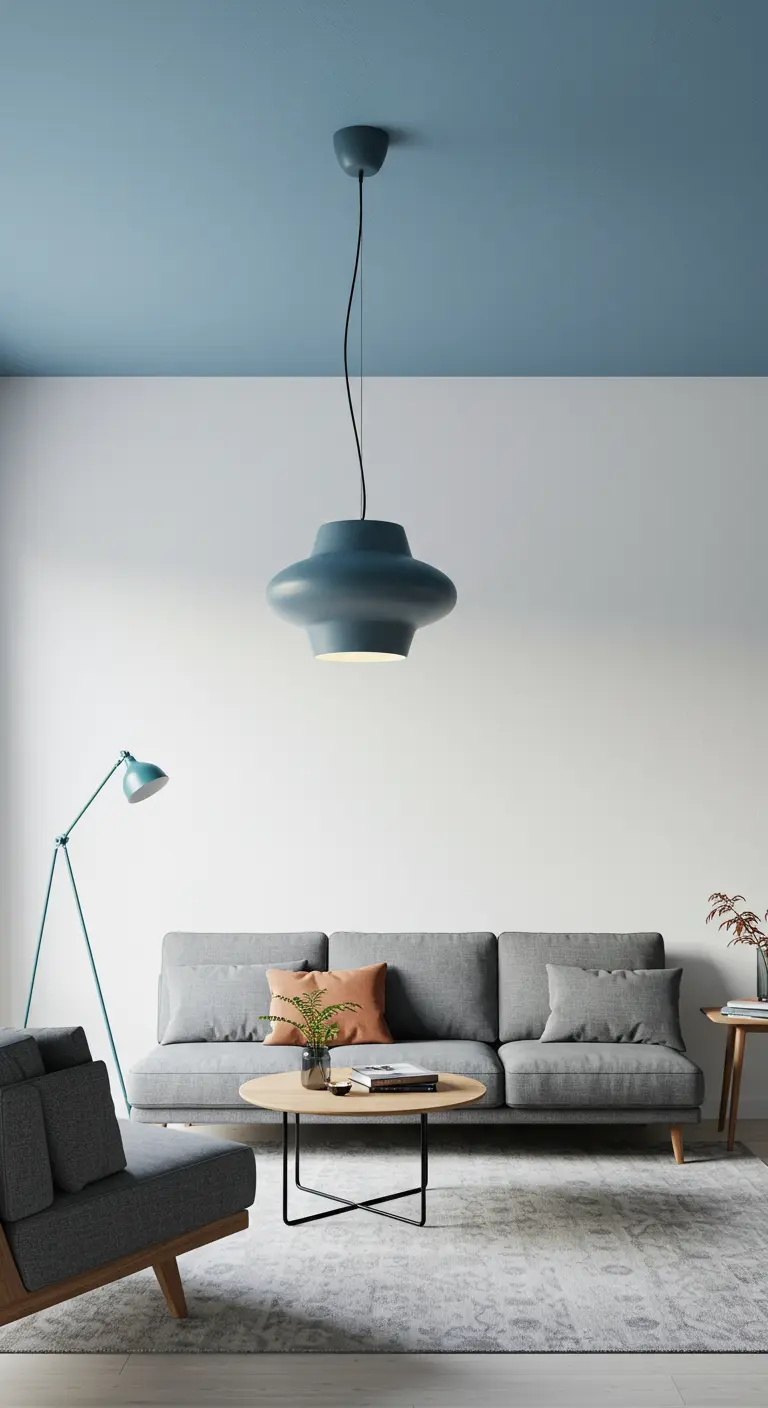Sala de estar con paredes blancas, muebles grises y el techo pintado de azul pastel.