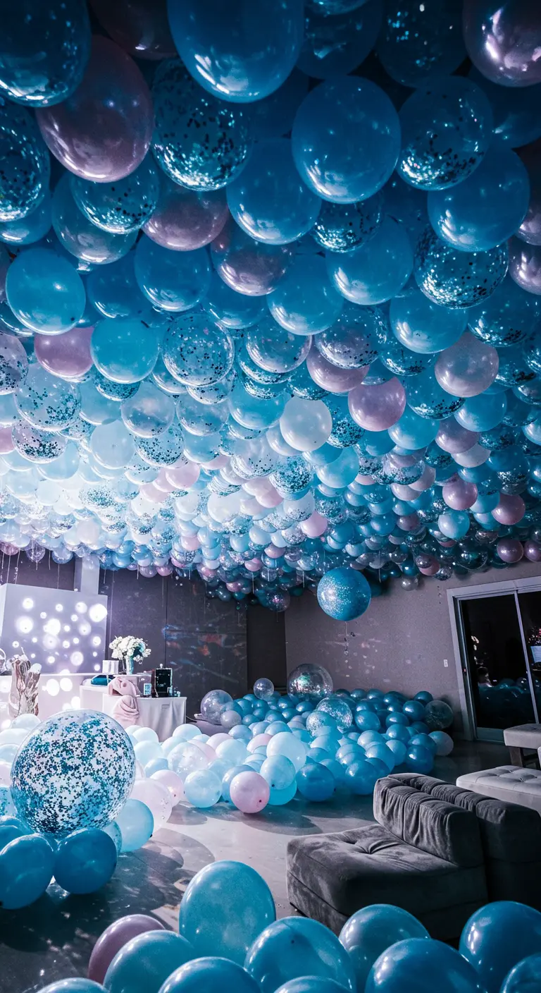 Techo completamente cubierto de globos azules, rosas y con confeti.
