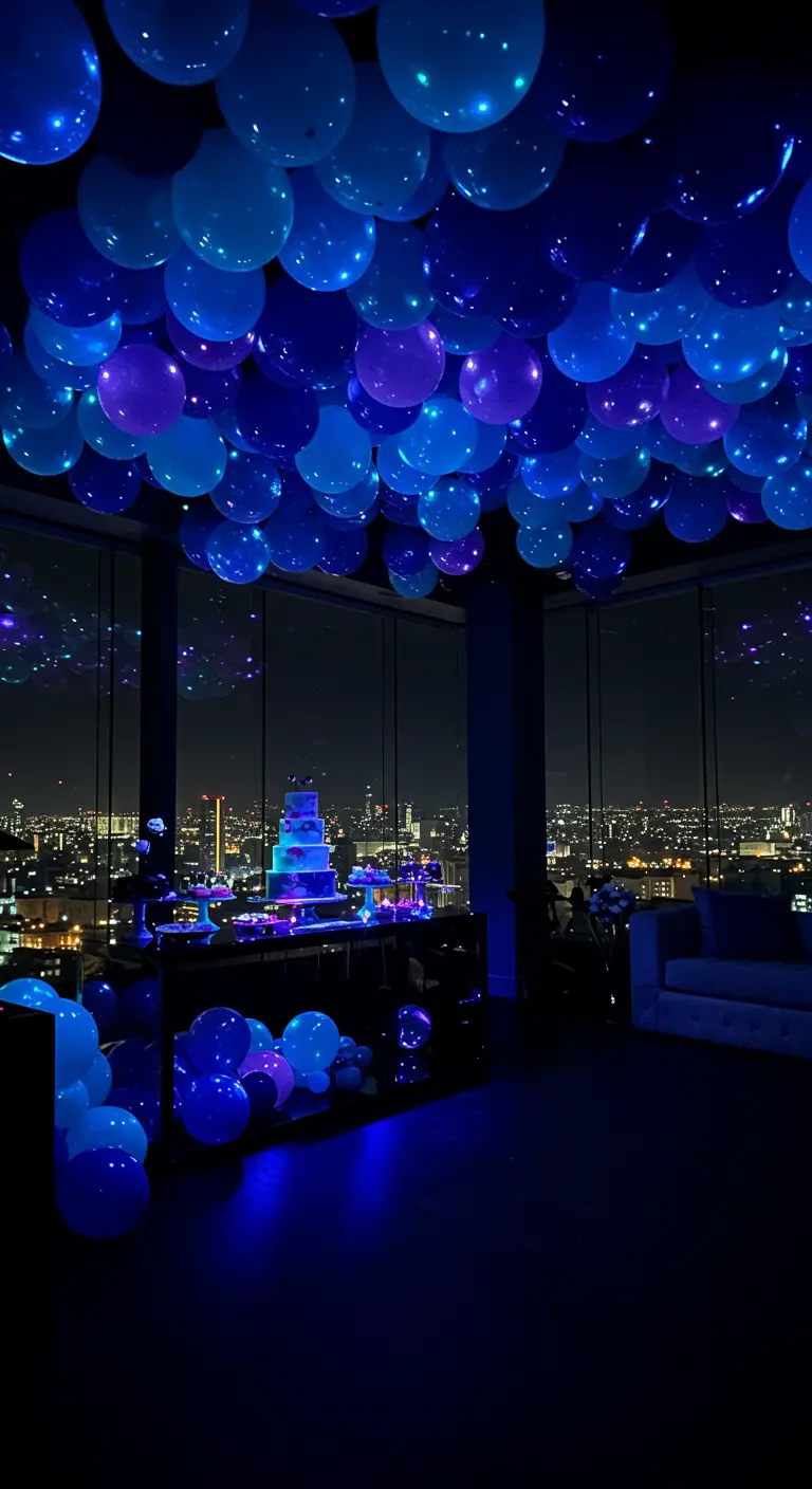 Techo de una habitación de fiesta cubierto completamente con globos azules y morados iluminados.
