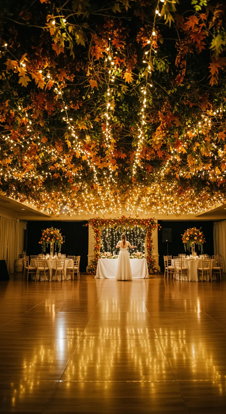 Pista de baile de una boda bajo un techo cubierto de hojas de otoño y luces.
