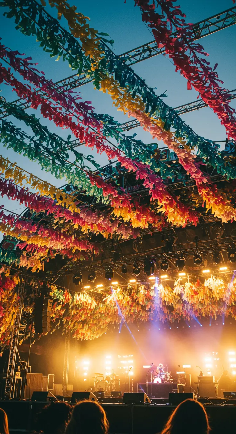 Escenario de un concierto visto desde abajo, con un techo cubierto de guirnaldas de papel de colores.