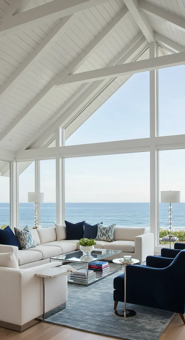 Impresionante sala de estar con techos altos, vigas blancas, ventanales y un sillón azul marino