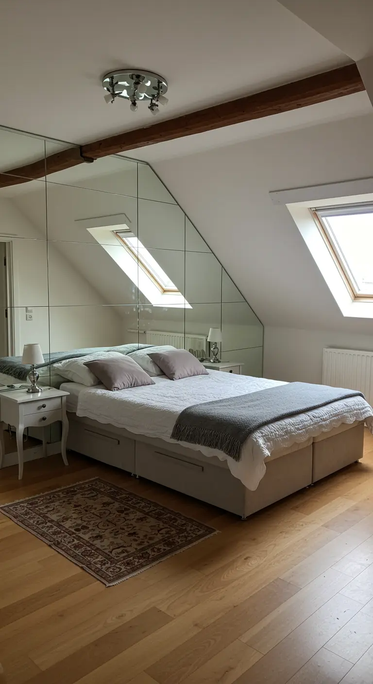 Dormitorio en un ático con la pared detrás de la cama completamente cubierta de espejos