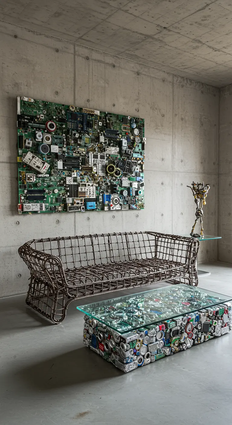 Arte mural hecho con placas de circuito y una mesa de centro hecha con latas de aluminio prensadas.