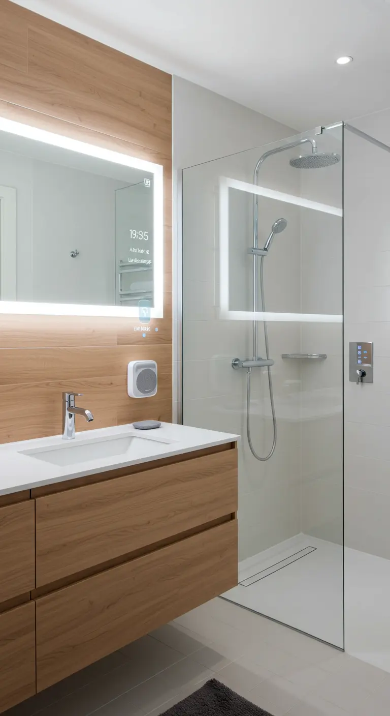 Baño moderno con espejo inteligente con pantalla y una ducha con controles digitales.