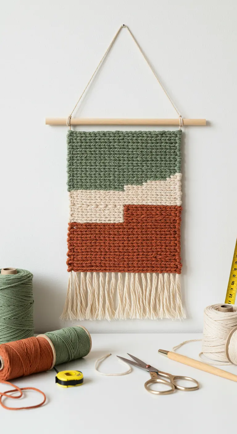 Tapiz tejido a mano con bloques de color verde, crudo y terracota colgado de una varilla de madera.