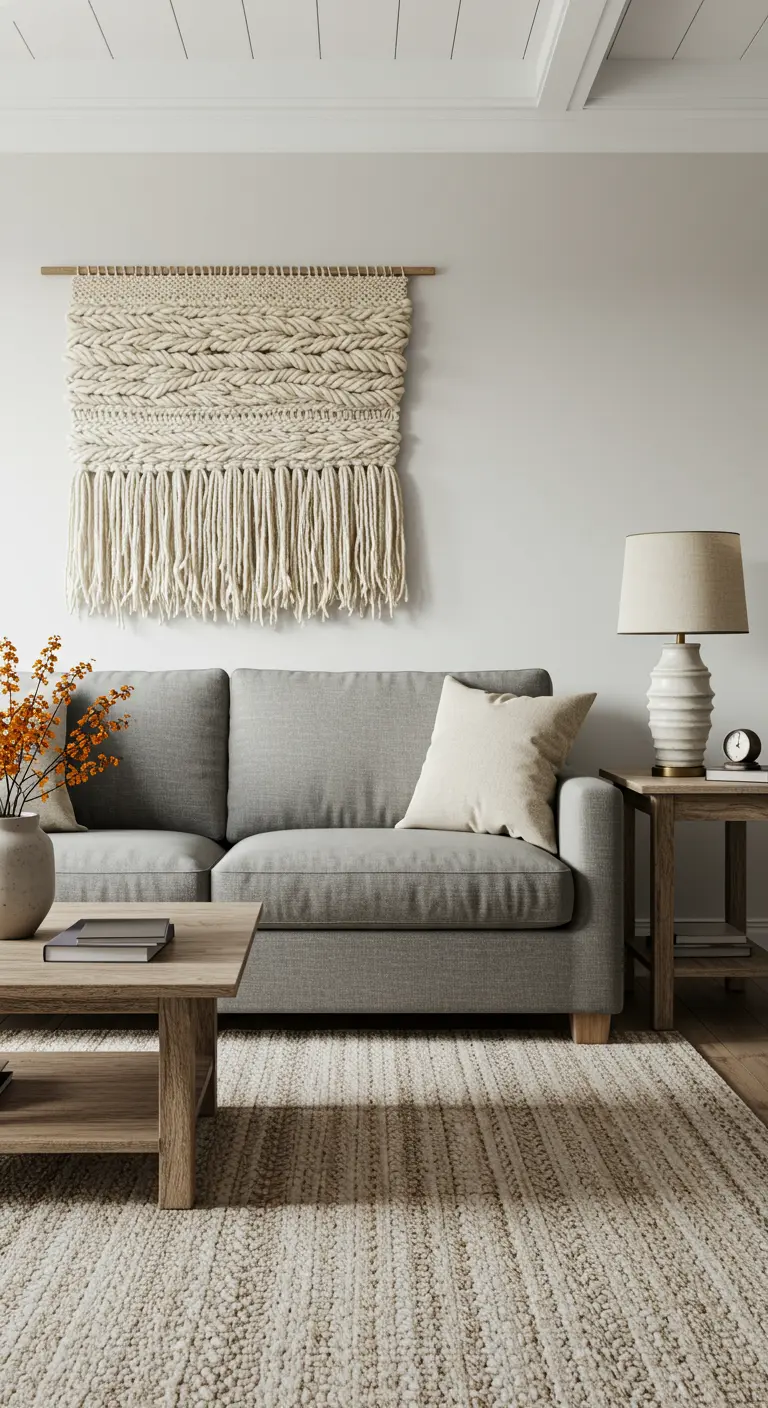 Tapiz de macramé de gran tamaño con flecos colgado en la pared sobre un sofá gris