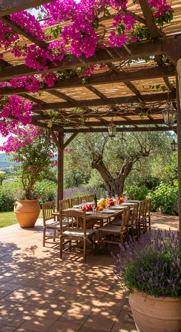 Comedor exterior bajo una pérgola de madera cubierta de buganvillas fucsias y con vistas al campo.