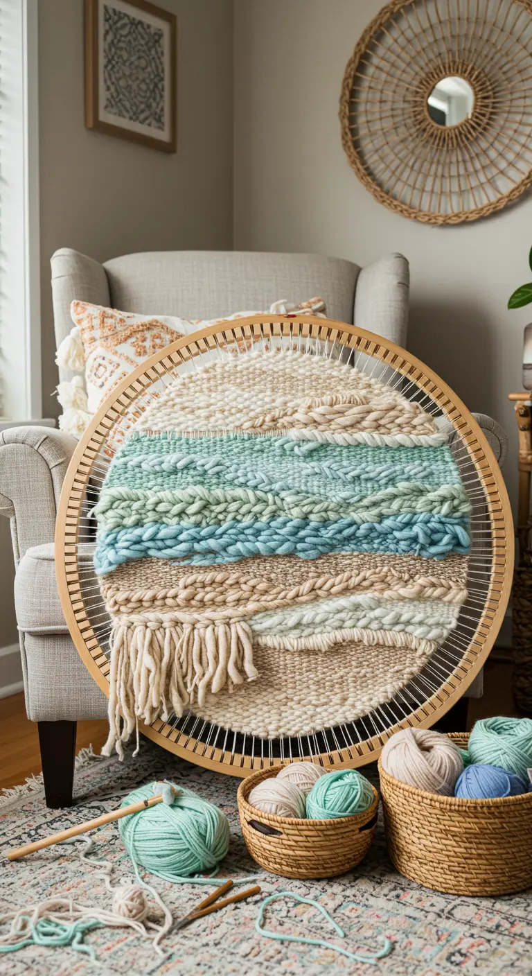 Tapiz circular tejido a mano con lanas en tonos menta, azul y beige, apoyado en un sillón.