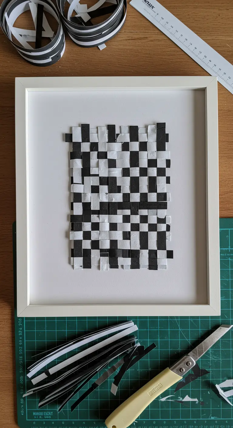 Un tejido de tiras de papel blanco y negro enmarcado, con restos de papel y cúter al lado