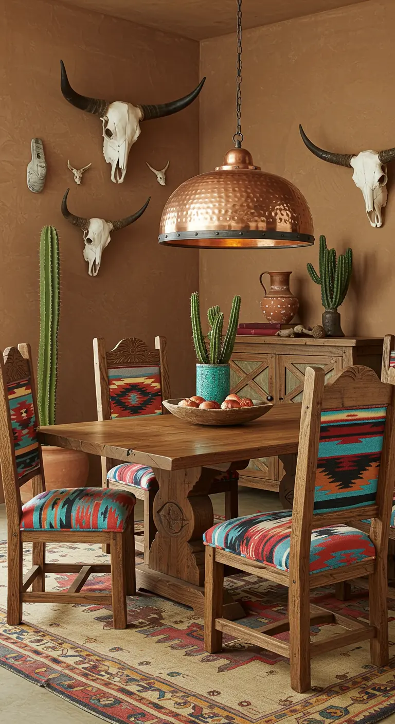 Comedor de estilo suroeste con sillas de madera tapizadas en textiles navajos de colores vivos.