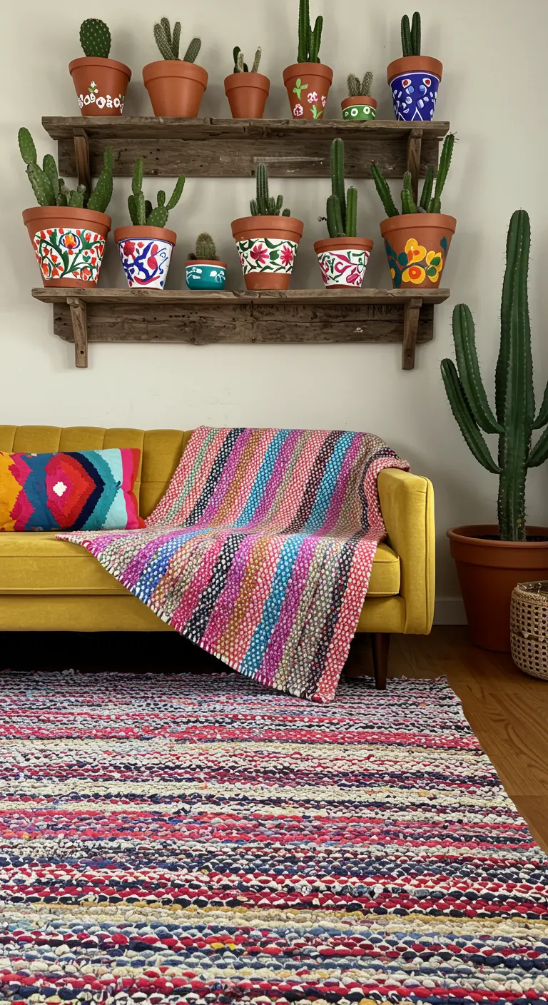 Alfombra y manta coloridas hechas con retales de tela en una sala de estar bohemia con un sofá amarillo.