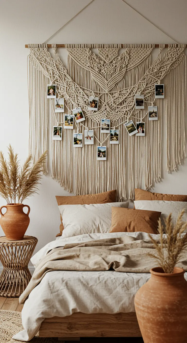 Cabecero de cama bohemio con un gran tapiz de macramé decorado con fotos polaroid.