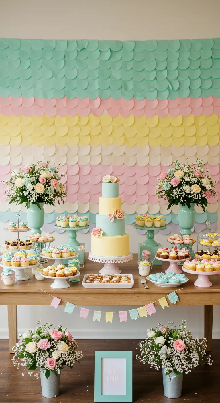 Pared detrás de una mesa de postres cubierta con escamas de papel circulares en tonos pastel.