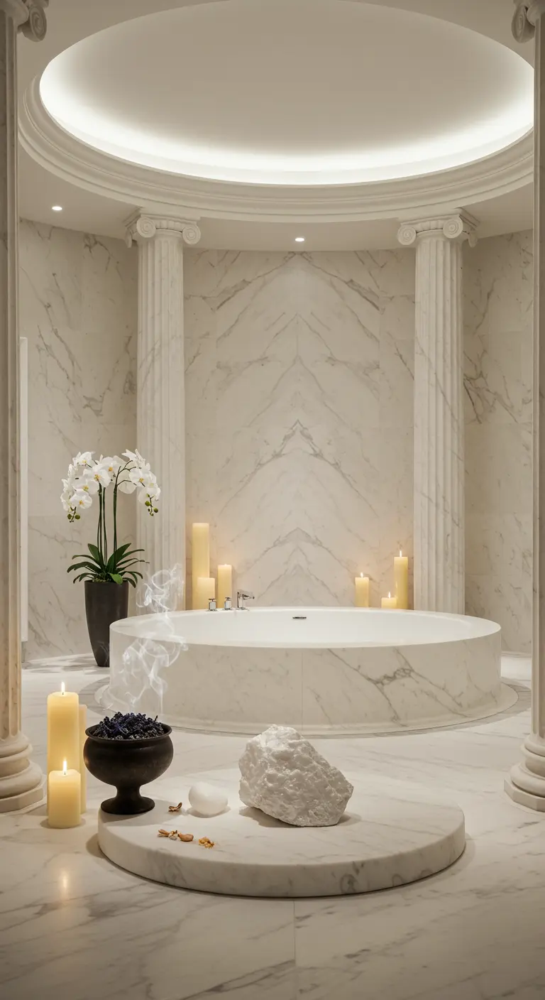 Baño neoclásico de mármol con columnas, orquídeas blancas, velas y cristales.