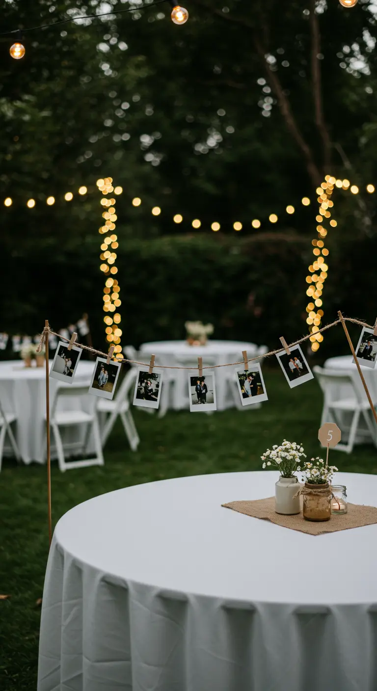 Centro de mesa con fotos polaroid de la pareja colgadas de una cuerda.