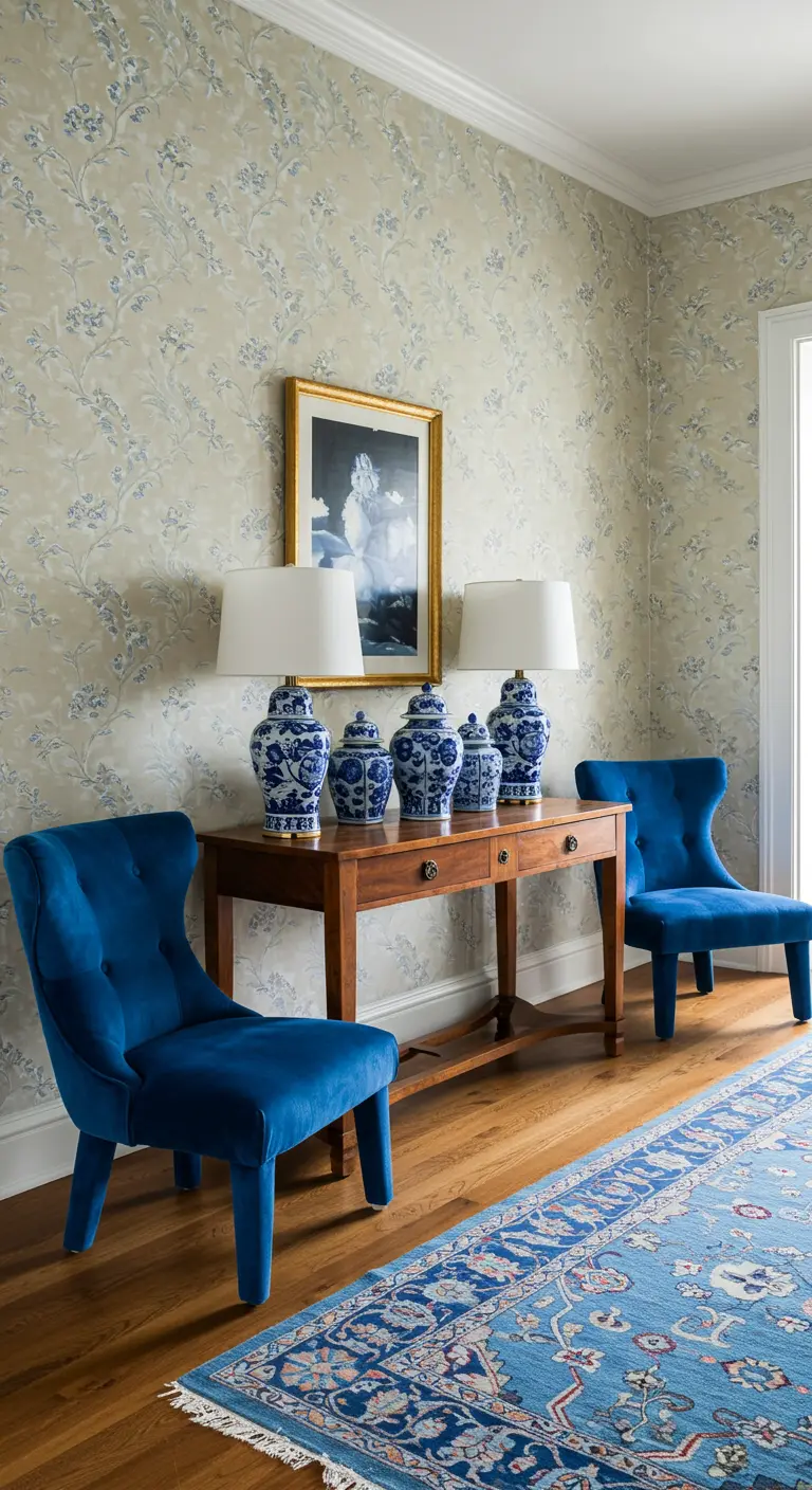 Recibidor clásico con dos butacas de terciopelo azul y una consola con lámparas de cerámica.