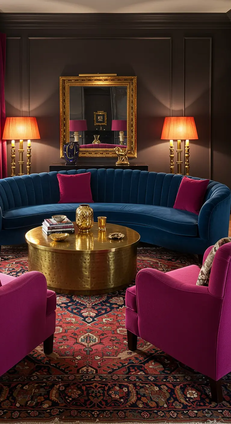Sala glamurosa con sofá de terciopelo azul, butacas fucsias y mesa dorada.