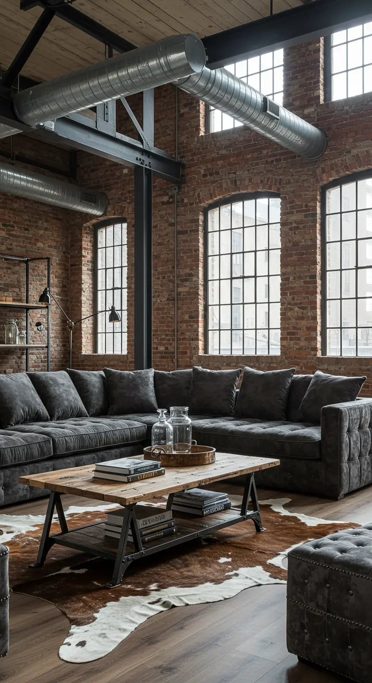 Loft industrial con sofá seccional de terciopelo gris oscuro, paredes de ladrillo y vigas de metal.