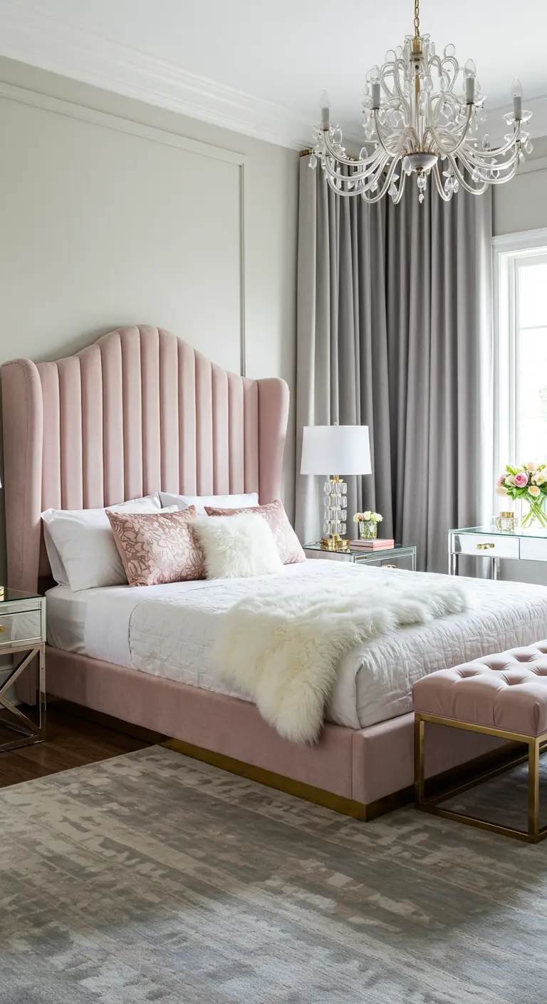 Dormitorio elegante con un gran cabecero de terciopelo rosa, paredes grises y un candelabro.